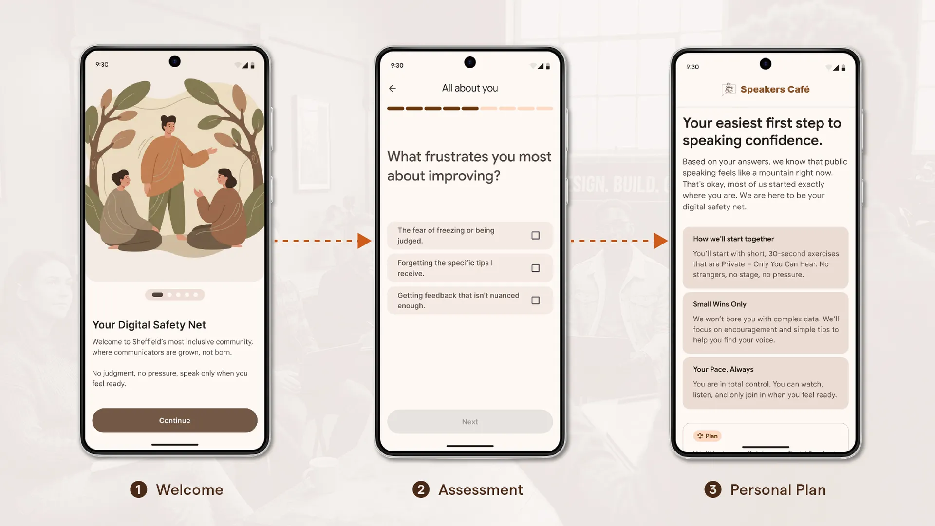 A series of mobile screens showing the diagnostic onboarding process where users select their specific anxiety triggers to customize their initial practice modules.