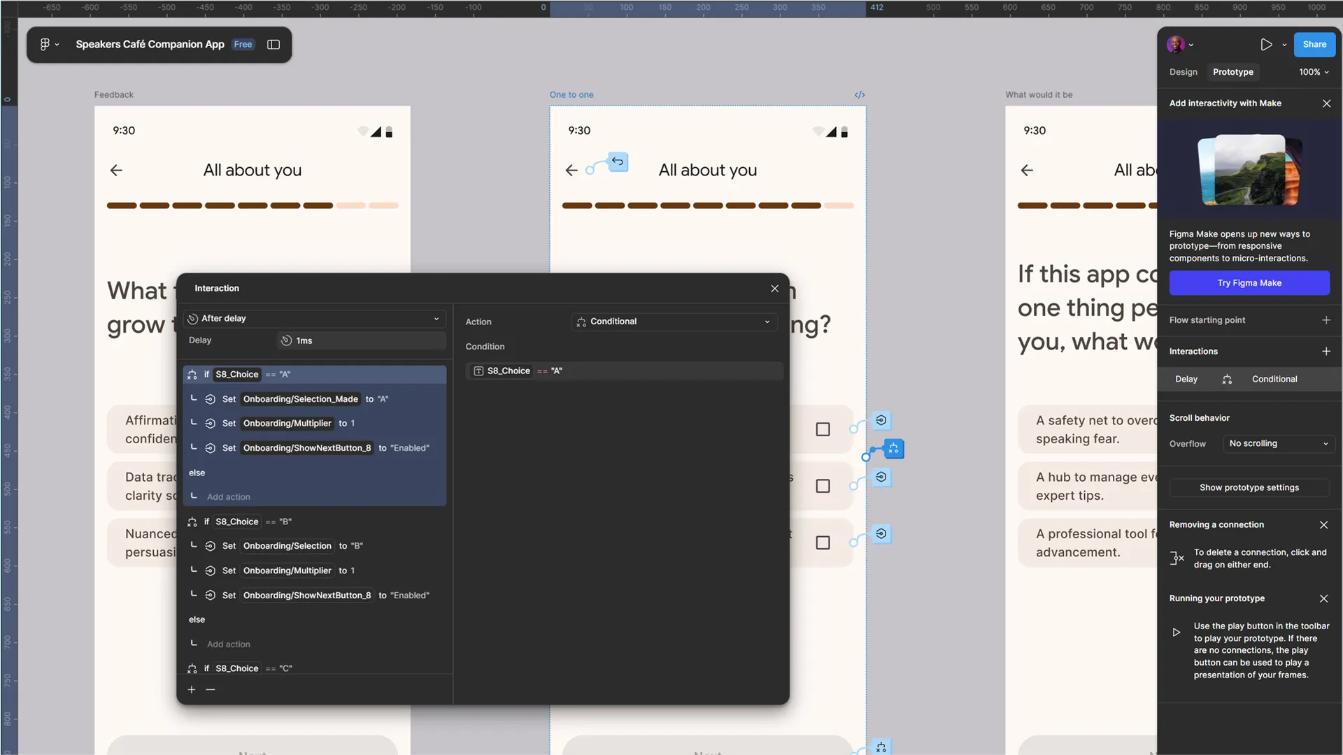A screenshot of the Figma design workspace showing the complex variable mapping and conditional logic used to simulate the experience of receiving personalised, reassuring feedback.
