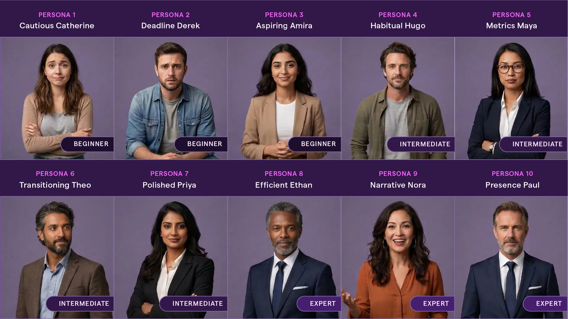 An illustrative grive showing the 10 unique personas that were identified through our usability study