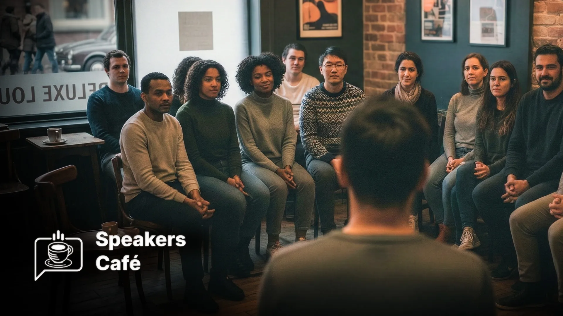 A supportive group of people in a Sheffield cafe, at a 'Speak up' event illustrating the physical community.